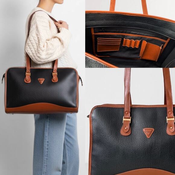 GUESS Black Cognac Leather Satchel Laptop Bag 90s Vintage Oldmoney Corporate - Picture 1 of 9